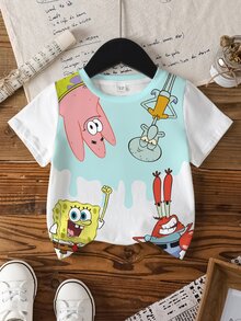 SpongeBob SquarePants | SHEIN 女童圓領卡通印花短袖T恤2件套，適合夏季 - 彩色 - 查看 4