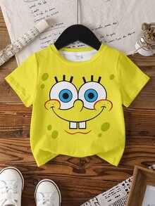 SpongeBob SquarePants | SHEIN 女童圓領卡通印花短袖T恤2件套，適合夏季 - 彩色 - 查看 3