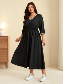 Edennvi Vestido Plus Size Feminino Elegante Francês Casual de Negócios para Trabalho com Decote em V, Patchwork, Fita, Cintura Elástica, Design Evasê em A, Preto e Branco - Preto - Visão 5
