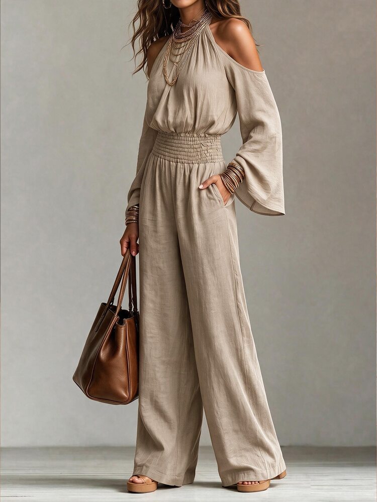Omancia Women's Solid Color Ruched Cold Shoulder Casual Daily Wear Jumpsuit Fall/Winter - Khaki - View 6