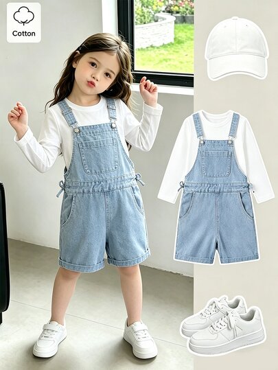 SHEIN Quần yếm denim ngắn túi cho bé gái tuổi teen, phong cách thường ngày dễ thương, màu xanh nhạt, mùa hè, đi chơi và du lịch