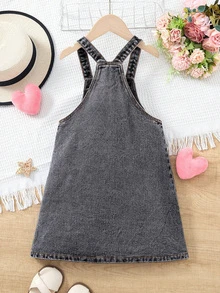 Elladie kids 女童幼兒牛仔連身褲，愛心刺繡圖案，休閒可愛秋季款 - 灰色 - 查看 3