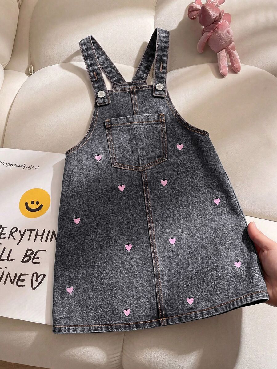 Elladie kids 女童幼兒牛仔連身褲，愛心刺繡圖案，休閒可愛秋季款
