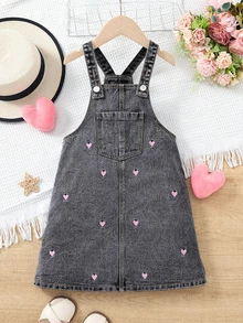 Elladie kids 女童幼兒牛仔連身褲，愛心刺繡圖案，休閒可愛秋季款 - 灰色 - 查看 6