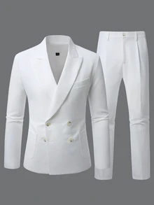 Manfinity Mode Women's Solid Color Notch Lapel Double-Breasted Long Sleeve Blazer And Pants Suit Set, Formal, Old Money - White - View 6