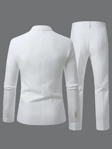 Manfinity Mode Women's Solid Color Notch Lapel Double-Breasted Long Sleeve Blazer And Pants Suit Set, Formal, Old Money - White - View 2