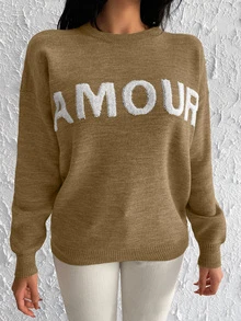 Letter Pattern Drop Shoulder Sweater - Camel - View 6