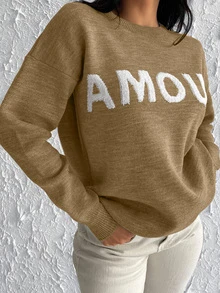 Letter Pattern Drop Shoulder Sweater - Camel - View 5