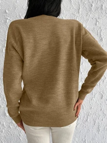 Letter Pattern Drop Shoulder Sweater - Camel - View 3