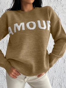 Letter Pattern Drop Shoulder Sweater - Camel - View 4