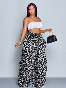 SOLERSUN Women's Plus Size Leopard Print Drawstring Waist Pleated Wide-Leg Trousers,Boho Black And White Cheetah Animal Print Pants,Summer Vacation Holiday - Black and White - View 6