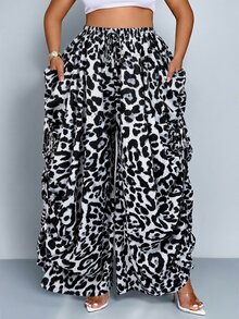 SOLERSUN Women's Plus Size Leopard Print Drawstring Waist Pleated Wide-Leg Trousers,Boho Black And White Cheetah Animal Print Pants,Summer Vacation Holiday - Black and White - View 2