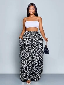 SOLERSUN Women's Plus Size Leopard Print Drawstring Waist Pleated Wide-Leg Trousers,Boho Black And White Cheetah Animal Print Pants,Summer Vacation Holiday - Black and White - View 4