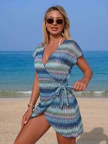 Swim Lushoire Women's Textured Fabric Random Floral Print V-Neck Tie Front Cover Up, Vintage Vacation Beach Party Style - Blue - View 4