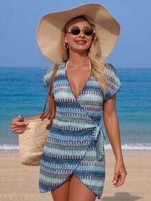 Swim Lushoire Women's Textured Fabric Random Floral Print V-Neck Tie Front Cover Up, Vintage Vacation Beach Party Style - Blue - View 3
