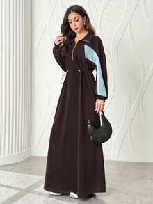 Al Najma Women's Autumn/Winter Retro Colorblock Half-Zip Collared Adjustable Cinched Waist Flattering Long Sport Dress - Multicolor - View 5