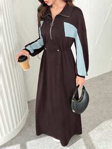Al Najma Women's Autumn/Winter Retro Colorblock Half-Zip Collared Adjustable Cinched Waist Flattering Long Sport Dress - Multicolor - View 8