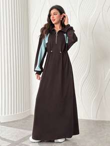 Al Najma Women's Autumn/Winter Retro Colorblock Half-Zip Collared Adjustable Cinched Waist Flattering Long Sport Dress - Multicolor - View 7