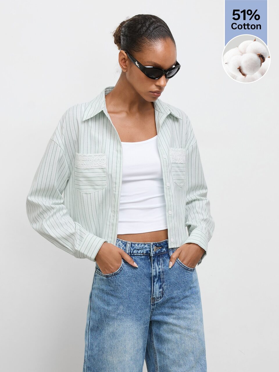 SHEIN Maija Blue And White Striped Lace Patchwork Cropped Women's Blouse Brunch Office Autumn Casual
