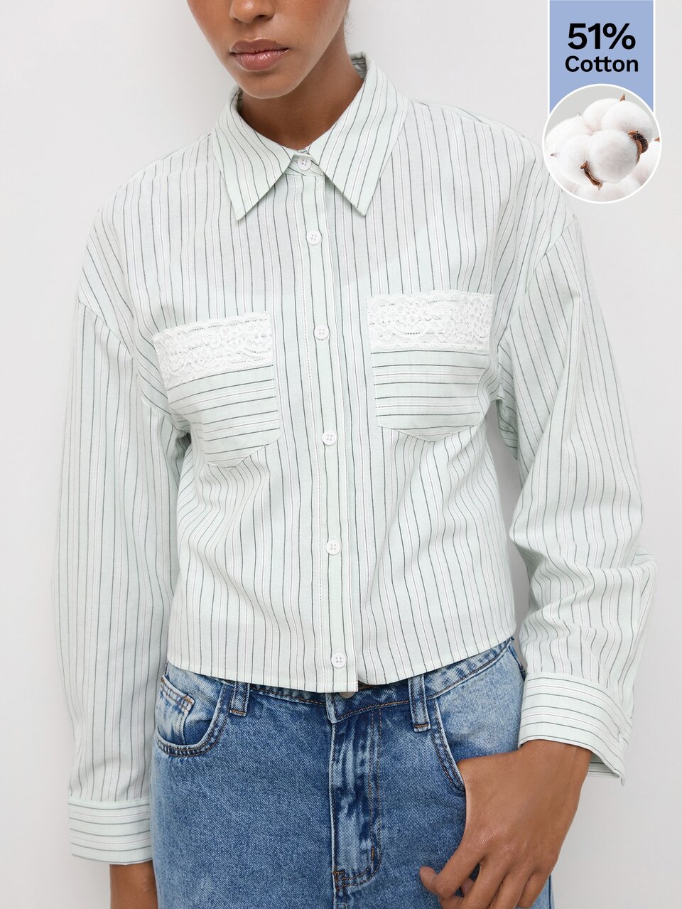 SHEIN Maija Blue And White Striped Lace Patchwork Cropped Women's Blouse Brunch Office Autumn Casual