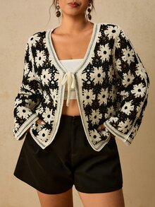 Travachic 大尺碼度假時尚鉤編綁帶透視針織開襟衫 秋季度假 正式休閒 黑白配色 1960s 1920s 風格 - 黑與白 - 查看 4