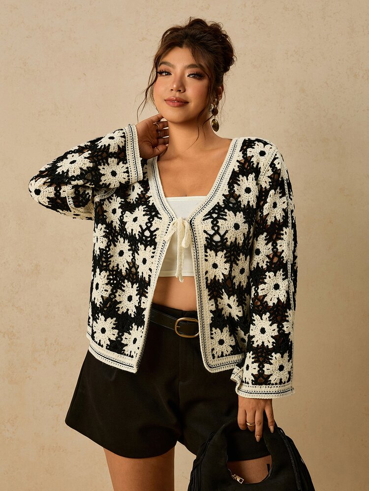 Travachic Plus Size Vacation Fashion Crochet Tie-Up Sheer Knit Cardigan Autumn Vacation Formal Black And White 1960s 1920s Casual - Black and White - View 5