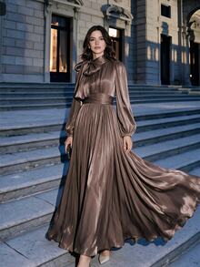 Anewsta Women's Long Pleated Waist Shiny Elegant Versatile Dress, Maroon, Spring/Autumn Dinner Date - Dark Brown - View 1