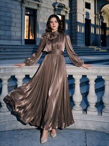 Anewsta Women's Long Pleated Waist Shiny Elegant Versatile Dress, Maroon, Spring/Autumn Dinner Date - Dark Brown - View 6