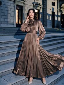 Anewsta Women's Long Pleated Waist Shiny Elegant Versatile Dress, Maroon, Spring/Autumn Dinner Date - Dark Brown - View 3