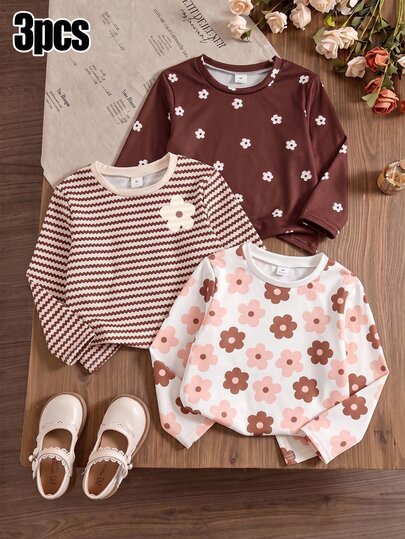 3pcs Young Girl Casual Comfortable Versatile Soft Cute Floral & Striped Print T-Shirts, Suitable For Indoor Or Outdoor Play In Autumn, Sweet Fresh And Adorable