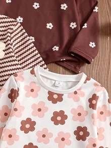 SHEIN Vintaside Kids 3件裝少女休閒仙女牛仔風花卉條紋印花T恤，適合秋季玩耍，白色藍色 - 彩色 - 查看 5