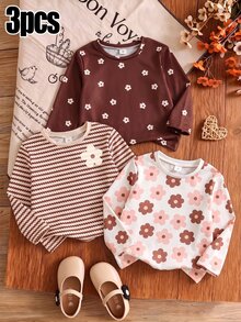 SHEIN Vintaside Kids 3件裝少女休閒仙女牛仔風花卉條紋印花T恤，適合秋季玩耍，白色藍色 - 彩色 - 查看 3