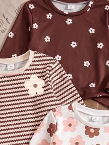 SHEIN Vintaside Kids 3件裝少女休閒仙女牛仔風花卉條紋印花T恤，適合秋季玩耍，白色藍色 - 彩色 - 查看 4