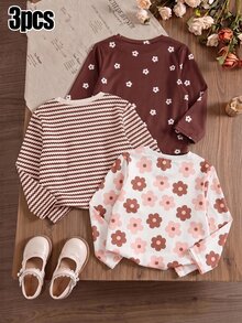 SHEIN Vintaside Kids 3件裝少女休閒仙女牛仔風花卉條紋印花T恤，適合秋季玩耍，白色藍色 - 彩色 - 查看 2