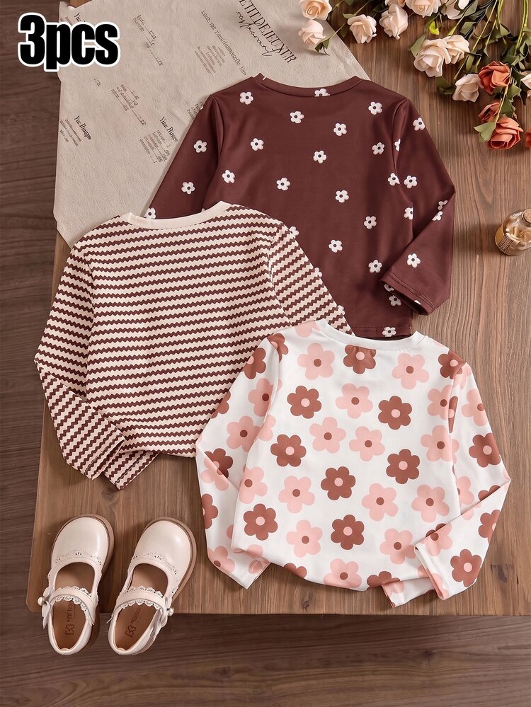 SHEIN Vintaside Kids 3pcs Young Girl Casual Comfortable Versatile Soft Cute Floral & Striped Print T-Shirts, Suitable For Indoor Or Outdoor Play In Autumn, Sweet Fresh And Adorable - Multicolor - View 2