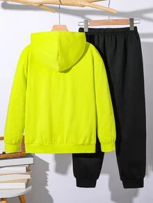 SHEIN 兒童青少年男孩綠色連帽衛衣與黑色長褲字母印花休閒運動寬鬆兩件套，適合秋冬戶外運動與學校穿著 - 綠色 - 查看 3
