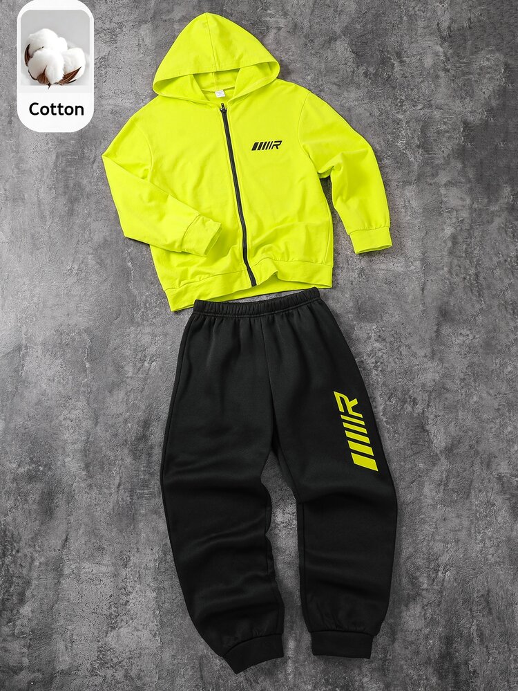 SHEIN Kids Tween Boy Green Hooded Sweatshirt & Black Long Autumn Winter Pants Letter Print Casual Sports Loose 2 Pieces Set For Outdoor Sports And School - Green - View 4