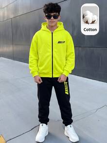 SHEIN 兒童青少年男孩綠色連帽衛衣與黑色長褲字母印花休閒運動寬鬆兩件套，適合秋冬戶外運動與學校穿著 - 綠色 - 查看 5