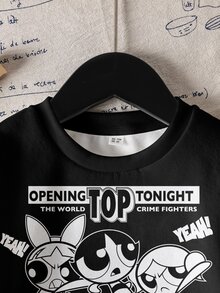 THE POWERPUFF GIRLS X SHEIN Young Girl Letter Cartoon Pattern Round Neck Casual Daily Long Sleeve Sweatshirt - White - View 4