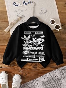 THE POWERPUFF GIRLS X SHEIN Young Girl Letter Cartoon Pattern Round Neck Casual Daily Long Sleeve Sweatshirt - White - View 3