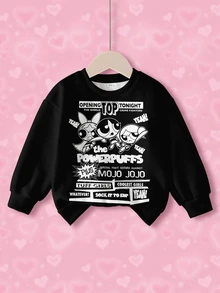 THE POWERPUFF GIRLS X SHEIN Young Girl Letter Cartoon Pattern Round Neck Casual Daily Long Sleeve Sweatshirt - White - View 1