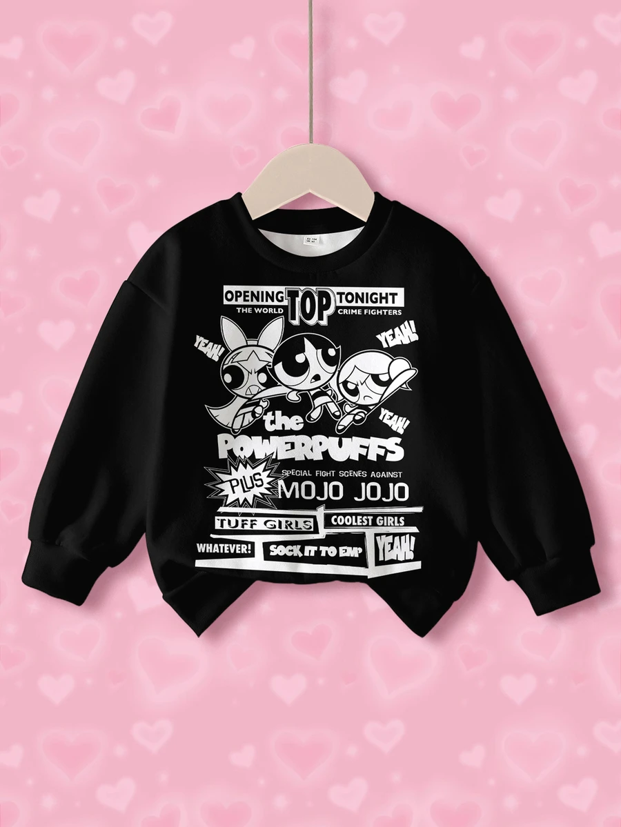 THE POWERPUFF GIRLS X SHEIN Young Girl Letter Cartoon Pattern Round Neck Casual Daily Long Sleeve Sweatshirt - White - View 1