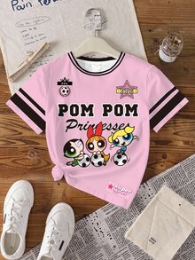 THE POWERPUFF GIRLS X SHEIN Tween Girl Round Neck Letter Cartoon Print Casual Daily Short Sleeve T-Shirt - White - View 3