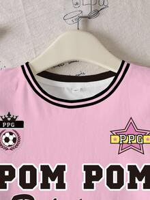 THE POWERPUFF GIRLS X SHEIN Tween Girl Round Neck Letter Cartoon Print Casual Daily Short Sleeve T-Shirt - White - View 4
