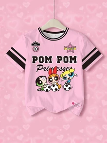 THE POWERPUFF GIRLS X SHEIN Tween Girl Round Neck Letter Cartoon Print Casual Daily Short Sleeve T-Shirt - White - View 1