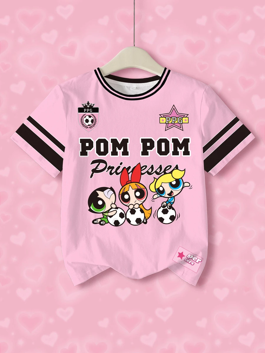 THE POWERPUFF GIRLS X SHEIN Tween Girl Round Neck Letter Cartoon Print Casual Daily Short Sleeve T-Shirt - White - View 1