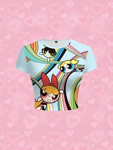 THE POWERPUFF GIRLS X SHEIN 女款卡通印花圓領短袖修身休閒T恤 - 白色 - 查看 1