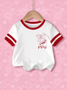 THE POWERPUFF GIRLS X SHEIN Baby Girl Cartoon Pattern Striped Print Contrast Color Round Neck Short Sleeve Top - White - View 2