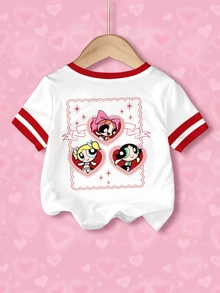 THE POWERPUFF GIRLS X SHEIN Baby Girl Cartoon Pattern Striped Print Contrast Color Round Neck Short Sleeve Top - White - View 1