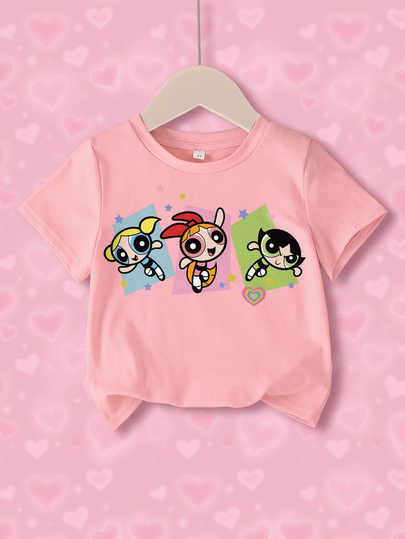 THE POWERPUFF GIRLS X SHEIN T-shirt graphique décontracté à manches courtes pour jeune fille, adapté pour l'été